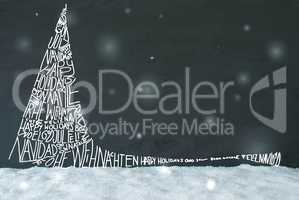 Line Sketch Of Christmas Tree, Calligraphy Merry Christmas, Snowflakes