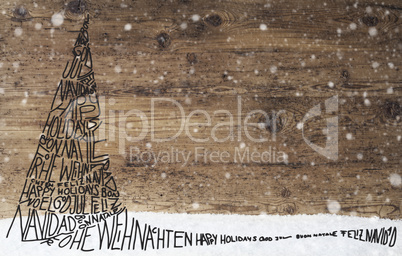 Sketch Of Christmas Tree, Calligraphy Merry Christmas, Snowflakes, Wood