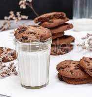 round chocolate cookie is a transparent glass with milk