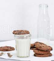 full glass of milk and round chocolate chip cookies