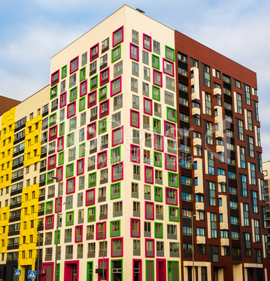 Modern residential complex with colorful design of building facades and developed infrastructure. Moscow, Russia