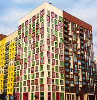 Modern residential complex with colorful design of building facades and developed infrastructure. Moscow, Russia