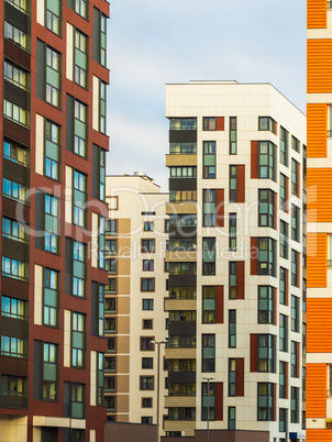 Modern residential complex with colorful design of building facades and developed infrastructure. Moscow, Russia