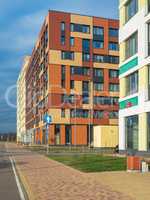 Modern residential complex with colorful design of building facades and developed infrastructure. Moscow, Russia