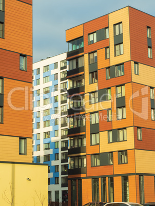 Modern residential complex with colorful design of building facades and developed infrastructure. Moscow, Russia