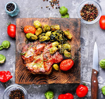 Meat steak with brussels sprouts