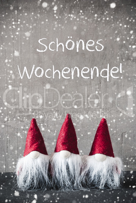 Three Red Gnomes, Snowflakes, Schoenes Wochenende Means Happy Weekend