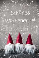 Three Red Gnomes, Snowflakes, Schoenes Wochenende Means Happy Weekend