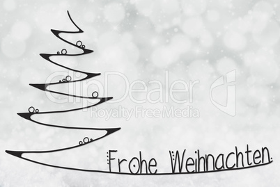 Tree, Frohe Weihnachten Means Merry Christmas, Gray Bokeh Background