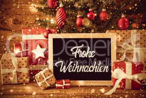 Bright Tree, Gifts, Calligraphy Frohe Weihnachten Means Merry Christmas