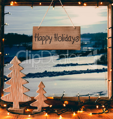 Christmas Window, Calligraphy Happy Holidays, Fairy Lights, Snow