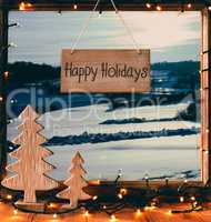 Christmas Window, Calligraphy Happy Holidays, Fairy Lights, Snow