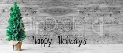 Tree, Calligraphy Happy Holidays, Gray Wooden Background
