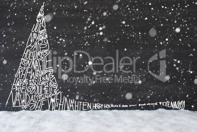 Sketch Of Christmas Tree, Calligraphy Merry Christmas, Snowflakes, Snow