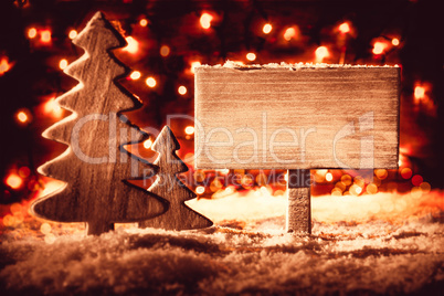 Sign, Christmas Tree, Snow, Copy Space, Night WIth Lights