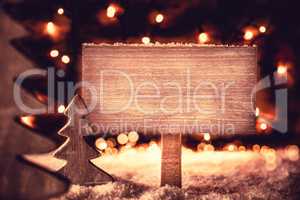 Wooden Christmas Tree, Snowflakes, Copy Space, Sign, Snow