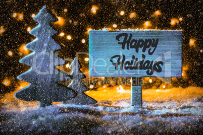 Wooden Sign, Tree, Snow, Calligraphy Happy Holidays, Snowflakes