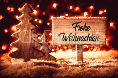 Sign, Christmas Tree, Snow, Calligraphy Frohe Weihnachten Means Merry Christmas