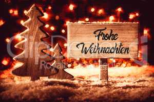 Sign, Christmas Tree, Snow, Calligraphy Frohe Weihnachten Means Merry Christmas