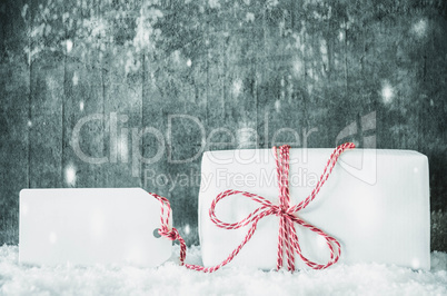 White Gift, Label, Copy Space, Snow, Grungy Cement