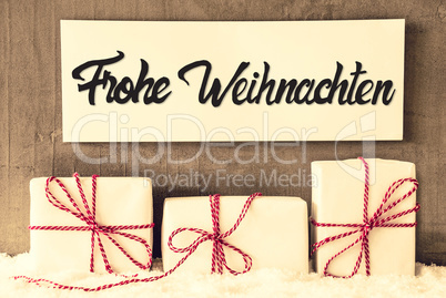Gifts, Sign, Calligraphy Frohe Weihnachten Means Merry Christmas, Snow