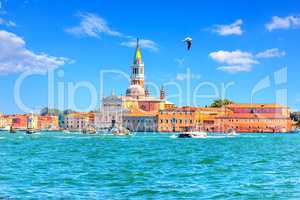 View on Guidecca island with its Church and boats, Venice, Italy