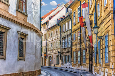 Narrow Prague street near Waldstein Palace, no people