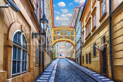 Medieval lane of Prague with a loggia e the buildings, Thunovska