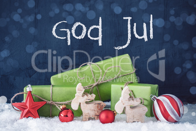 Green Christmas Gifts, Snow, God Jul Means Merry Christmas