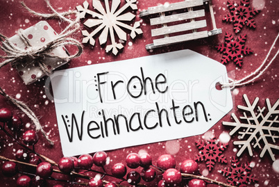 Flat Lay, Rustic Decoration, Calligraphy Frohe Weihnachten Means Merry Christmas