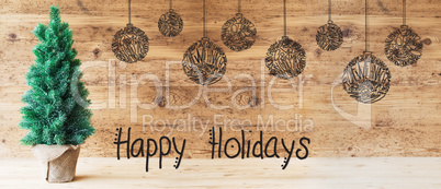 Tree, Ball, Calligraphy Happy Holidays, Wooden Background