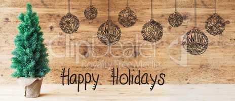 Tree, Ball, Calligraphy Happy Holidays, Wooden Background