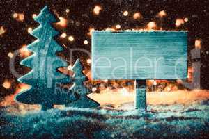 Sign, Wooden Christmas Tree, Copy Space, Snow, Snowflakes