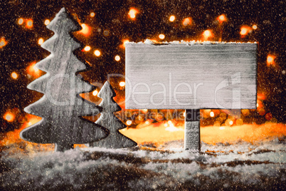 White Sign, Christmas Tree, Snow, Copy Space, Snowflakes