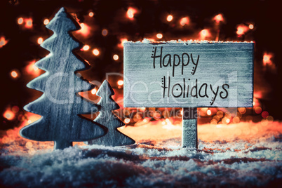 Sign, Tree, Snowflakes, Calligraphy Happy Holidays, Snow