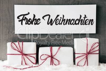 White Gifts, Sign, Calligraphy Frohe Weihnachten Means Merry Christmas, Snow