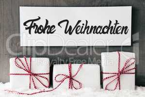 White Gifts, Sign, Calligraphy Frohe Weihnachten Means Merry Christmas, Snow