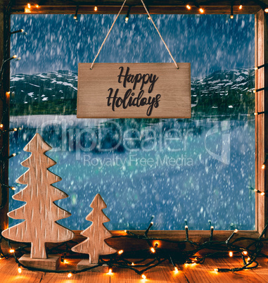 Christmas Window, Calligraphy Happy Holidays, Snow, Fairy Lights