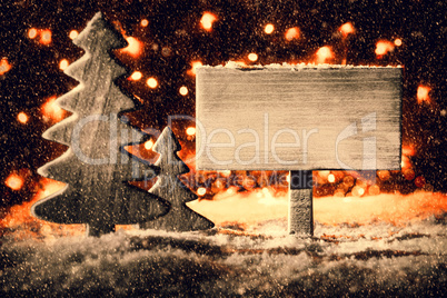 White Sign, Christmas Tree, Snowflakes, Copy Space, Snow