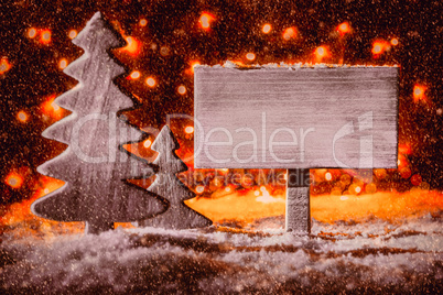 Sign, Wooden Christmas Tree, Snow, Copy Space, Snowflakes