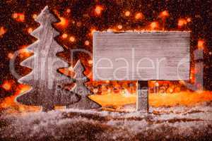 Sign, Wooden Christmas Tree, Snow, Copy Space, Snowflakes