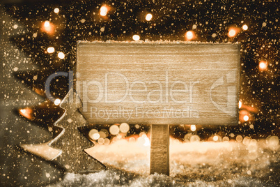 Wooden Christmas Tree, Snow, Copy Space, Snowflakes, Sign