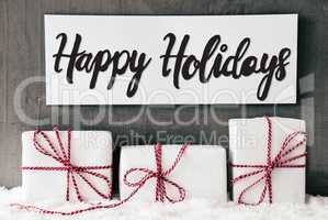 Three White Gifts, Sign, Calligraphy Happy Holidays, Snow