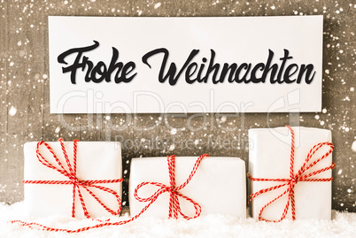 Gifts, Sign, Calligraphy Frohe Weihnachten Means Merry Christmas, Snowflakes
