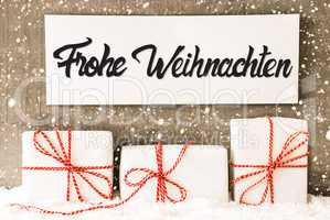 Gifts, Sign, Calligraphy Frohe Weihnachten Means Merry Christmas, Snowflakes
