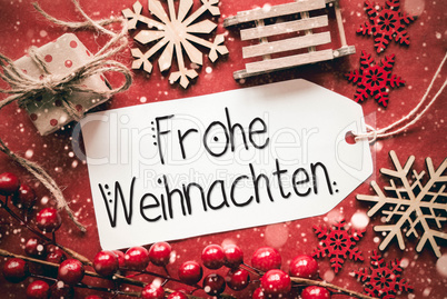 Flat Lay, Red Decoration, Calligraphy Frohe Weihnachten Means Merry Christmas