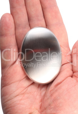 hand with Stainless Steel Soap isolated on white background