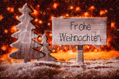 Sign, Wooden Tree, Snow, Calligraphy Frohe Weihnachten Means Merry Christmas