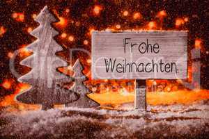 Sign, Wooden Tree, Snow, Calligraphy Frohe Weihnachten Means Merry Christmas
