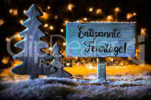 Sign, Tree, Snowflakes, Calligraphy Entspannte Feiertage Means Merry Christmas